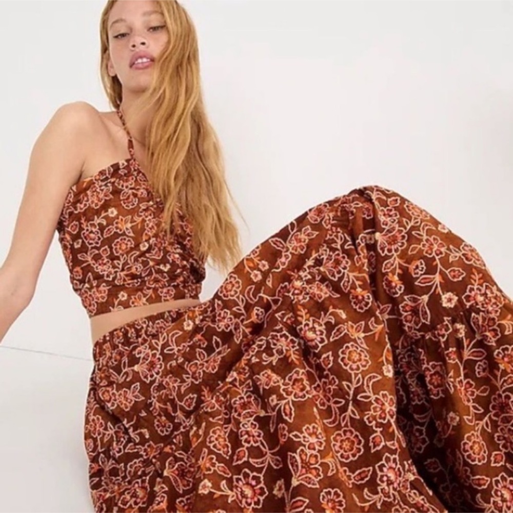 J.Crew Organic Cotton Vintage Vines Floral Print Tiered Pull-On Maxi Skirt